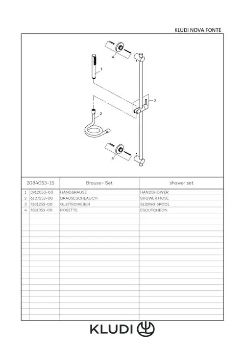 Kludi Duschset mit Handbrause, Brauseschlauch, Gleitscheiber und Escutcheon, abgebildet in schematischer Darstellung. Montageanleitung und Artikelnummern sind aufgeführt.